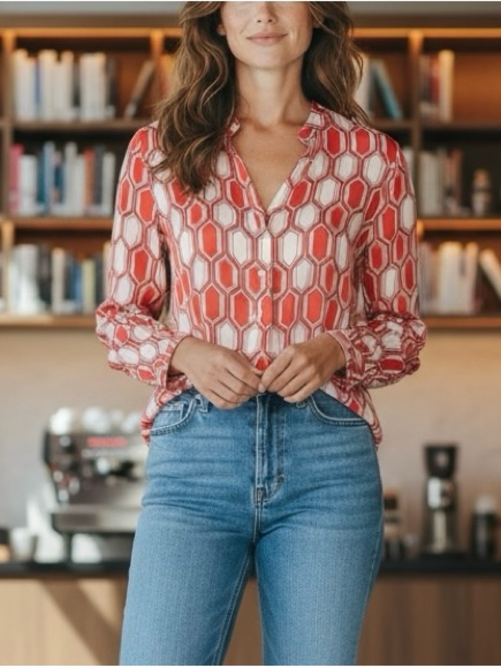 NWT The Limited Women’s Geometric Print Long Sleeve Button Up Top Size Large